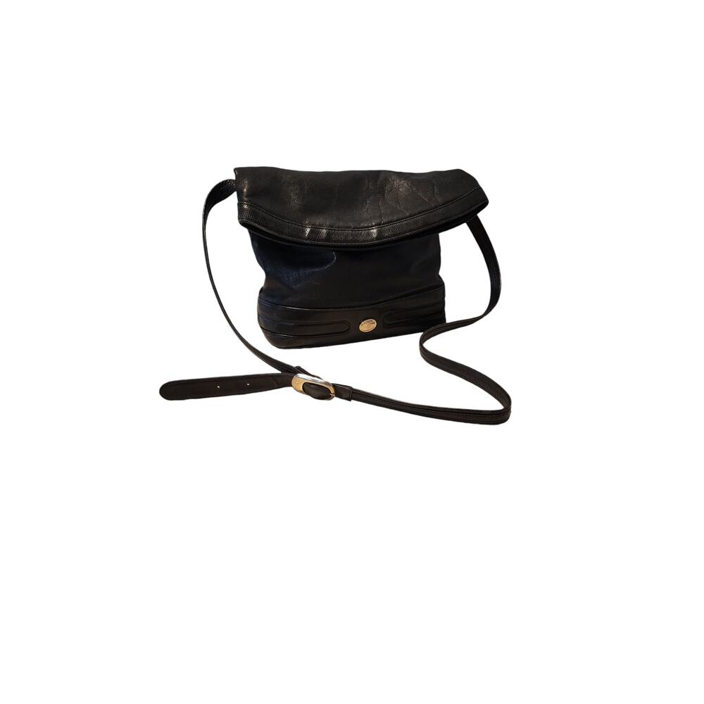Vintage MONET Black Leather Crossbody Bucket Bag With Fold Over Top